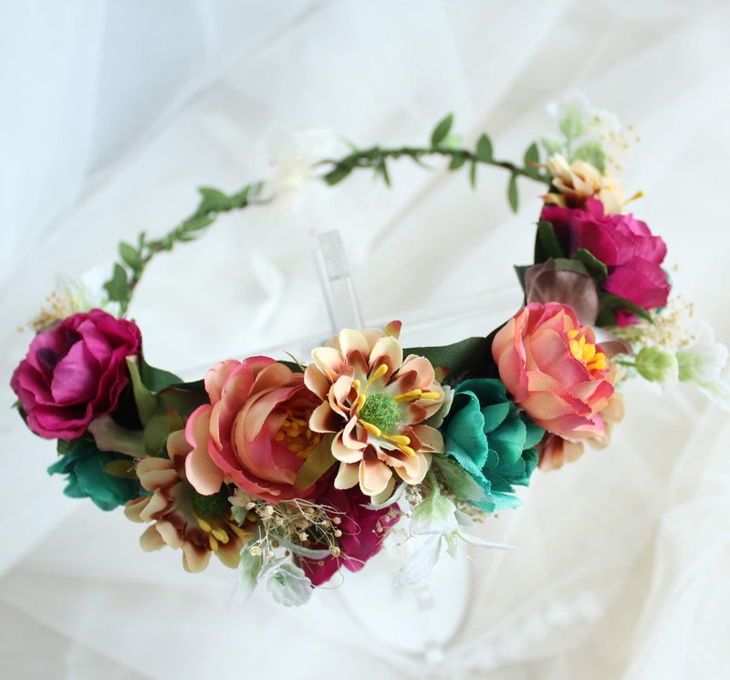 LLinfflr Women Floral Crown Flower Garland Headband Hair Wreath Floral Halo Headpiece Boho with Ribbon Wedding Party Photos - Image 5